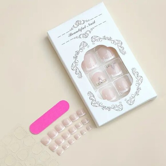 Nails French Manicure Fake Press On 24 Toenails Rhinestone Jewels Trendy Glam - Picture 3 of 5